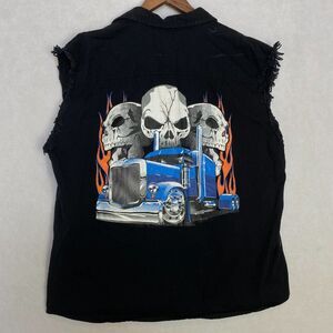 Vintage Sleeveless Shirt 2XL‎ Black Boxy Trucker Skull Button Up Frayed Eagle